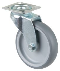 Apparaterolle A300.A80.100, Produkttyp: Lenkrollen, Befestigung: Anschraubplatte, Ø Schraubloch: 6.3 mm, Material/Art des Radkörpers: Kunststoff, Material der Lauffläche: thermoplastischer Gummi grau, Lager: Gleitlager, Ø Rad:  100 mm, Tragkraft: 70 kg