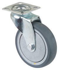 Apparaterolle A300.A89.100, Produkttyp: Lenkrollen, Befestigung: Anschraubplatte, Ø Schraubloch: 6.3 mm, Material/Art des Radkörpers: Kunststoff, Material der Lauffläche: thermoplastischer Gummi grau, elektrisch leitfähig, Lager: Kugellager, Ø Rad:  100 m