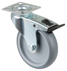 Apparaterolle A320.A80.100, Produkttyp: Lenkrollen mit Feststeller, Befestigung: Anschraubplatte, Ø Schraubloch: 6.3 mm, Material/Art des Radkörpers: Kunststoff, Material der Lauffläche: thermoplastischer Gummi grau, Lager: Gleitlager, Ø Rad:  100 mm, Tra
