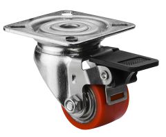 Kompaktrolle/Minirolle A620.C10.035, Produkttyp: Lenkrollen mit Feststeller, Befestigung: Anschraubplatte, Ø Schraubloch: 7 mm, Material/Art des Radkörpers: Stahl, Material der Lauffläche: Polyurethan 90 +/- 3 Shore A, Lager: Kugellager, Ø Rad:  35 mm, Tr