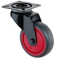 Apparaterolle A800.A85.075.03, Produkttyp: Lenkrollen, Befestigung: Anschraubplatte, Ø Schraubloch: 6.3 mm, Material/Art des Radkörpers: Kunststoff rot, Material der Lauffläche: thermoplastischer Gummi grau, Lager: Kugellager, Ø Rad:  75 mm, Tragkraft: 60