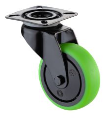 Apparaterolle A800.A85.075.04, Produkttyp: Lenkrollen, Befestigung: Anschraubplatte, Ø Schraubloch: 6.3 mm, Material/Art des Radkörpers: Kunststoff schwarz, Material der Lauffläche: thermoplastischer Gummi grün, Lager: Kugellager, Ø Rad:  75 mm, Tragkraft