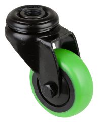 Apparaterolle A801.A85.050.04, Produkttyp: Lenkrollen, Befestigung: Rückenloch, Material/Art des Radkörpers: Kunststoff schwarz, Material der Lauffläche: thermoplastischer Gummi grün, Lager: Kugellager, Ø Rad:  50 mm, Tragkraft: 50 kg