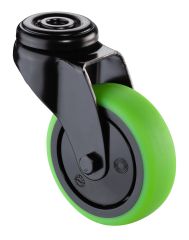 Apparaterolle A801.A85.075.04, Produkttyp: Lenkrollen, Befestigung: Rückenloch, Material/Art des Radkörpers: Kunststoff schwarz, Material der Lauffläche: thermoplastischer Gummi grün, Lager: Kugellager, Ø Rad:  75 mm, Tragkraft: 60 kg
