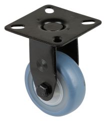 Apparaterolle A810.A85.050.05, Produkttyp: Bockrollen, Befestigung: Anschraubplatte, Ø Schraubloch: 6.3 mm, Material/Art des Radkörpers: Kunststoff natur, Material der Lauffläche: thermoplastischer Gummi hellblau, Lager: Kugellager, Ø Rad:  50 mm, Tragkra
