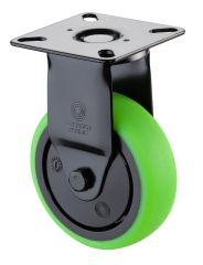 Apparaterolle A810.A85.075.04, Produkttyp: Bockrollen, Befestigung: Anschraubplatte, Ø Schraubloch: 6.3 mm, Material/Art des Radkörpers: Kunststoff schwarz, Material der Lauffläche: thermoplastischer Gummi grün, Lager: Kugellager, Ø Rad:  75 mm, Tragkraft
