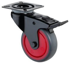 Apparaterolle A820.A85.075.03, Produkttyp: Lenkrollen mit Totalfeststeller, Befestigung: Anschraubplatte, Ø Schraubloch: 6.3 mm, Material/Art des Radkörpers: Kunststoff rot, Material der Lauffläche: thermoplastischer Gummi grau, Lager: Kugellager, Ø Rad: 