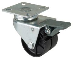 Apparatedoppelrolle B120.A90.051, Produkttyp: Lenkrollen mit Feststeller, Befestigung: Anschraubplatte, Ø Schraubloch: 6.2 mm, Material/Art des Radkörpers: Kunststoff, Material der Lauffläche: Kunststoff schwarz, Lager: Gleitlager, Ø Rad:  50 mm, Tragkraf