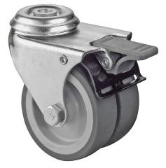 Apparatedoppelrolle B121.A80.075, Produkttyp: Lenkrollen mit Feststeller, Befestigung: Rückenloch, Material/Art des Radkörpers: Kunststoff, Material der Lauffläche: thermoplastischer Gummi grau, Lager: Gleitlager, Ø Rad:  75 mm, Tragkraft: 80 kg