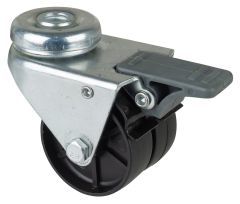 Apparatedoppelrolle B121.A90.051, Produkttyp: Lenkrollen mit Feststeller, Befestigung: Rückenloch, Material/Art des Radkörpers: Kunststoff, Material der Lauffläche: Kunststoff schwarz, Lager: Gleitlager, Ø Rad:  50 mm, Tragkraft: 80 kg