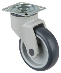 Kunststoffrolle C100.A81.100, Produkttyp: Lenkrollen, Befestigung: Anschraubplatte, Ø Schraubloch: 8.1 mm, Material/Art des Radkörpers: Kunststoff, Material der Lauffläche: thermoplastischer Gummi grau, Lager: Gleitlager, Ø Rad:  100 mm, Tragkraft: 100 kg