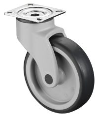 Kunststoffrolle C100.A81.125, Produkttyp: Lenkrollen, Befestigung: Anschraubplatte, Ø Schraubloch: 8.1 mm, Material/Art des Radkörpers: Kunststoff, Material der Lauffläche: thermoplastischer Gummi grau, Lager: Gleitlager, Ø Rad:  125 mm, Tragkraft: 100 kg