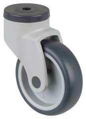 Kunststoffrolle C101.A81.100, Produkttyp: Lenkrollen, Befestigung: Rückenloch, Material/Art des Radkörpers: Kunststoff, Material der Lauffläche: thermoplastischer Gummi grau, Lager: Gleitlager, Ø Rad:  100 mm, Tragkraft: 100 kg