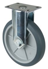 Schwere Apparaterolle C110.A80.151, Produkttyp: Bockrollen, Befestigung: Anschraubplatte,  Schraubloch: 8.4 mm, Material/Art des Radkrpers: Kunststoff, Material der Laufflche: thermoplastischer Gummi grau, Lager: Gleitlager,  Rad:  150 mm, Tragkraft: 