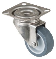 Edelstahl Apparaterolle G100.A80.051, Produkttyp: Lenkrollen, Befestigung: Anschraubplatte, Ø Schraubloch: 6.5 mm, Material/Art des Radkörpers: Kunststoff, Material der Lauffläche: thermoplastischer Gummi grau, Lager: Gleitlager, Ø Rad:  50 mm, Tragkraft: