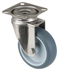 Edelstahl Apparaterolle G100.A80.076, Produkttyp: Lenkrollen, Befestigung: Anschraubplatte, Ø Schraubloch: 6.5 mm, Material/Art des Radkörpers: Kunststoff, Material der Lauffläche: thermoplastischer Gummi grau, Lager: Gleitlager, Ø Rad:  75 mm, Tragkraft: