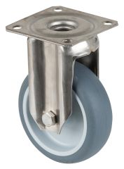 Edelstahl Apparaterolle G110.A80.076, Produkttyp: Bockrollen, Befestigung: Anschraubplatte, Ø Schraubloch: 6.5 mm, Material/Art des Radkörpers: Kunststoff, Material der Lauffläche: thermoplastischer Gummi grau, Lager: Gleitlager, Ø Rad:  75 mm, Tragkraft: