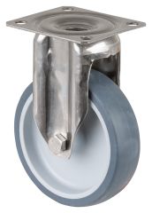 Edelstahl Apparaterolle G110.A80.100, Produkttyp: Bockrollen, Befestigung: Anschraubplatte, Ø Schraubloch: 8.3 mm, Material/Art des Radkörpers: Kunststoff, Material der Lauffläche: thermoplastischer Gummi grau, Lager: Gleitlager, Ø Rad:  100 mm, Tragkraft
