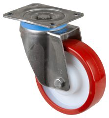 Edelstahl Schwerlastrollen HS100.B27.150, Produkttyp: Lenkrollen, Befestigung: Anschraubplatte, Ø Schraubloch: 12 mm, Material/Art des Radkörpers: Kunststoff, Material der Lauffläche: Polyurethan rot 98 +/-4 Shore A, Lager: Gleitlager, Ø Rad:  150 mm, Tra