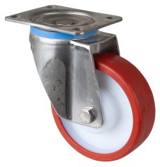 Edelstahl Schwerlastrollen HS100.B28.151, Produkttyp: Lenkrollen, Befestigung: Anschraubplatte,  Schraubloch: 12 mm, Material/Art des Radkrpers: Kunststoff, Material der Laufflche: Polyurethan rot 98 +/-4 Shore A, Lager: Edelstahl-Rollenlager,  Rad:  