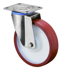 Edelstahl Schwerlastrollen HS100.B28.200, Produkttyp: Lenkrollen, Befestigung: Anschraubplatte,  Schraubloch: 12 mm, Material/Art des Radkrpers: Kunststoff, Material der Laufflche: Polyurethan rot 98 +/-4 Shore A, Lager: Edelstahl-Rollenlager,  Rad:  
