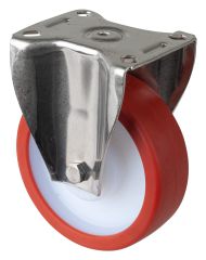 Edelstahl Schwerlastrollen HS110.B27.125, Produkttyp: Bockrollen, Befestigung: Anschraubplatte,  Schraubloch: 9 mm, Material/Art des Radkrpers: Kunststoff, Material der Laufflche: Polyurethan rot 98 +/-4 Shore A, Lager: Gleitlager,  Rad:  125 mm, Trag