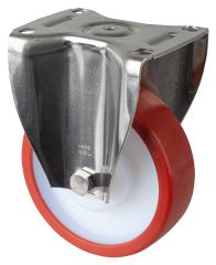 Edelstahl Schwerlastrollen HS110.B27.151, Produkttyp: Bockrollen, Befestigung: Anschraubplatte, Ø Schraubloch: 12 mm, Material/Art des Radkörpers: Kunststoff, Material der Lauffläche: Polyurethan rot 98 +/-4 Shore A, Lager: Gleitlager, Ø Rad:  150 mm, Tra