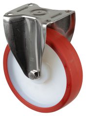 Edelstahl Schwerlastrollen HS110.B27.201, Produkttyp: Bockrollen, Befestigung: Anschraubplatte, Ø Schraubloch: 12 mm, Material/Art des Radkörpers: Kunststoff, Material der Lauffläche: Polyurethan rot 98 +/-4 Shore A, Lager: Gleitlager, Ø Rad:  200 mm, Tra