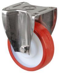 Edelstahl Schwerlastrollen HS110.B28.150, Produkttyp: Bockrollen, Befestigung: Anschraubplatte, Ø Schraubloch: 12 mm, Material/Art des Radkörpers: Kunststoff, Material der Lauffläche: Polyurethan rot 98 +/-4 Shore A, Lager: Edelstahl-Rollenlager, Ø Rad:  