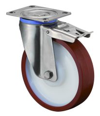 Edelstahl Schwerlastrollen HS120.B28.200, Produkttyp: Lenkrollen mit Totalfeststeller, Befestigung: Anschraubplatte,  Schraubloch: 12 mm, Material/Art des Radkrpers: Kunststoff, Material der Laufflche: Polyurethan rot 98 +/-4 Shore A, Lager: Edelstahl-