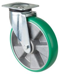 Schwerlastrolle L600.B92.250, Produkttyp: Lenkrollen, Befestigung: Anschraubplatte, Ø Schraubloch: 11 mm, Material/Art des Radkörpers: Aluminium, Material der Lauffläche: Besothane Guss-Polyurethan  83 +/-3 Shore A, Lager: Kugellager, Ø Rad:  250 mm, Trag