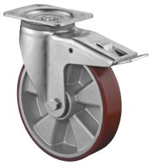 Schwerlastrolle L620.B90.125, Produkttyp: Lenkrollen mit Feststeller, Befestigung: Anschraubplatte,  Schraubloch: 11 mm, Material/Art des Radkrpers: Aluminium, Material der Laufflche: Prothane Guss-Polyurethan 95 +/-3 Shore A, Lager: Kugellager,  Rad