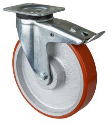 Schwerlastrolle L620.C10.250, Produkttyp: Lenkrollen mit Totalfeststeller, Befestigung: Anschraubplatte, Ø Schraubloch: 11 mm, Material/Art des Radkörpers: Guss, Material der Lauffläche: Prothane® Guss-Polyurethan 95 +/-3 Shore A, Lager: Kugellager, Ø Rad