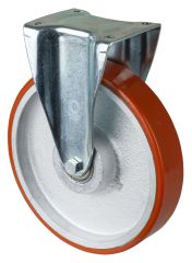 Schwerlastrolle N110.C10.251, Produkttyp: Bockrollen, Befestigung: Anschraubplatte, Ø Schraubloch: 11 mm, Material/Art des Radkörpers: Guss, Material der Lauffläche: Prothane® Guss-Polyurethan 95 +/-3 Shore A, Lager: Kugellager, Ø Rad:  250 mm, Tragkraft: