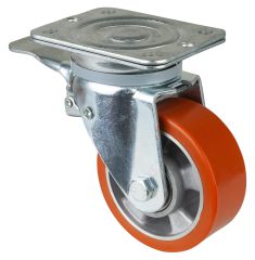 Schwerlastrolle N120.B90.129, Produkttyp: Lenkrollen mit Totalfeststeller, Befestigung: Anschraubplatte,  Schraubloch: 11 mm, Material/Art des Radkrpers: Aluminium, Material der Laufflche: Prothane Guss-Polyurethan 95 +/-3 Shore A, Lager: Kugellager, 