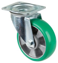 Schwerlastrolle RR100.B92.160, Produkttyp: Lenkrollen, Befestigung: Anschraubplatte, Ø Schraubloch: 11 mm, Material/Art des Radkörpers: Aluminium, Material der Lauffläche: Besothane Guss-Polyurethan  83 +/-3 Shore A, Lager: Kugellager, Ø Rad:  160 mm, Tra
