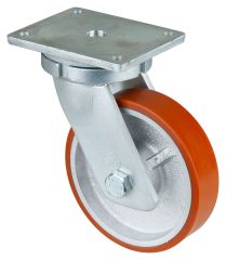 Schwerlastrolle RR100.C10.201, Produkttyp: Lenkrollen, Befestigung: Anschraubplatte, Ø Schraubloch: 12 mm, Material/Art des Radkörpers: Guss, Material der Lauffläche: Prothane® Guss-Polyurethan 95 +/-3 Shore A, Lager: Kugellager, Ø Rad:  200 mm, Tragkraft