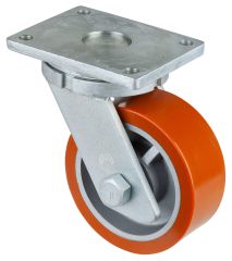 Schwerlastrolle RR100.C10.202, Produkttyp: Lenkrollen, Befestigung: Anschraubplatte, Ø Schraubloch: 16 mm, Material/Art des Radkörpers: Guss, Material der Lauffläche: Prothane® Guss-Polyurethan 95 +/-3 Shore A, Lager: Kugellager, Ø Rad:  200 mm, Tragkraft