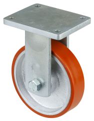 Schwerlastrolle RR110.C10.201, Produkttyp: Bockrollen, Befestigung: Anschraubplatte, Ø Schraubloch: 12 mm, Material/Art des Radkörpers: Guss, Material der Lauffläche: Prothane® Guss-Polyurethan 95 +/-3 Shore A, Lager: Kugellager, Ø Rad:  200 mm, Tragkraft