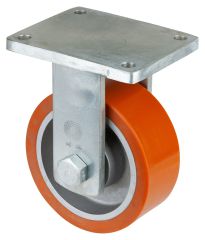 Schwerlastrolle RR110.C10.202, Produkttyp: Bockrollen, Befestigung: Anschraubplatte, Ø Schraubloch: 16 mm, Material/Art des Radkörpers: Guss, Material der Lauffläche: Prothane® Guss-Polyurethan 95 +/-3 Shore A, Lager: Kugellager, Ø Rad:  200 mm, Tragkraft