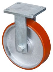 Schwerlastrolle RR110.C10.301, Produkttyp: Bockrollen, Befestigung: Anschraubplatte, Ø Schraubloch: 16 mm, Material/Art des Radkörpers: Guss, Material der Lauffläche: Prothane® Guss-Polyurethan 95 +/-3 Shore A, Lager: Kugellager, Ø Rad:  300 mm, Tragkraft