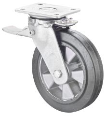 Schwerlastrolle RR120.B80.251, Produkttyp: Lenkrollen mit Rad-/Totalfeststeller, Befestigung: Anschraubplatte,  Schraubloch: 14 mm, Material/Art des Radkrpers: Aluminium, Material der Laufflche: Elastikgummi schwarz, Lager: Kugellager,  Rad:  250 mm, 